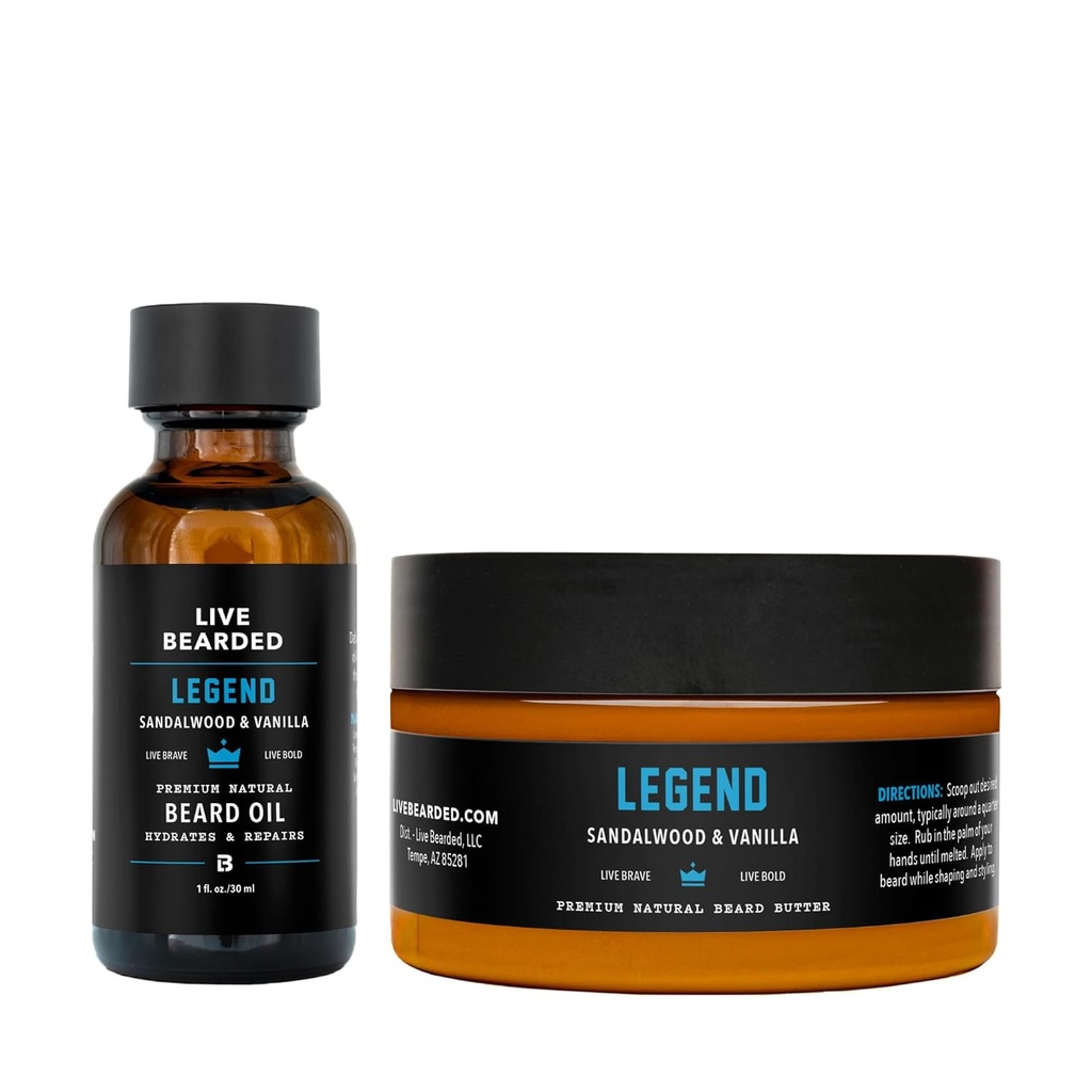 Żywy Beard Oil and Butter Grooming Kit - Made in the USA - All- Naturalne składniki z Shea, Argan, Jojoba - Wsparcie wzrostu 124; Legend Scent - Sandalwood, Vanilla
