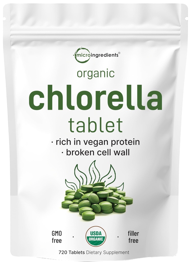 Organiczne tabletki Chlorella, 500mg na tabletkę, 720 Tab (360 gramów), 4 Miesiące dostaw, rozbita ściana komórkowa, bogaty w białko Wegańskie & Witaminy, No Filler, Brak dodatków i Non-GMO 124; Czysty zielony algi Superfood