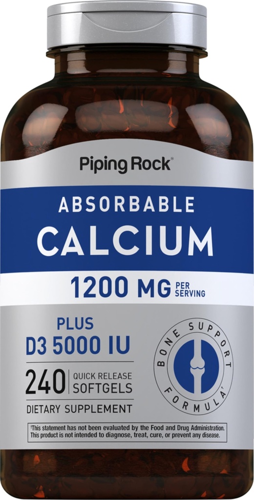 Piping Rock Wapń 1200 mg z witaminą D3 Bis 124; 240 Softgels Bis 124; 5000 IU Witamina D3 Bis 124; Absorbowalny suplement wapnia 124; Non-GMO, Gluten Free