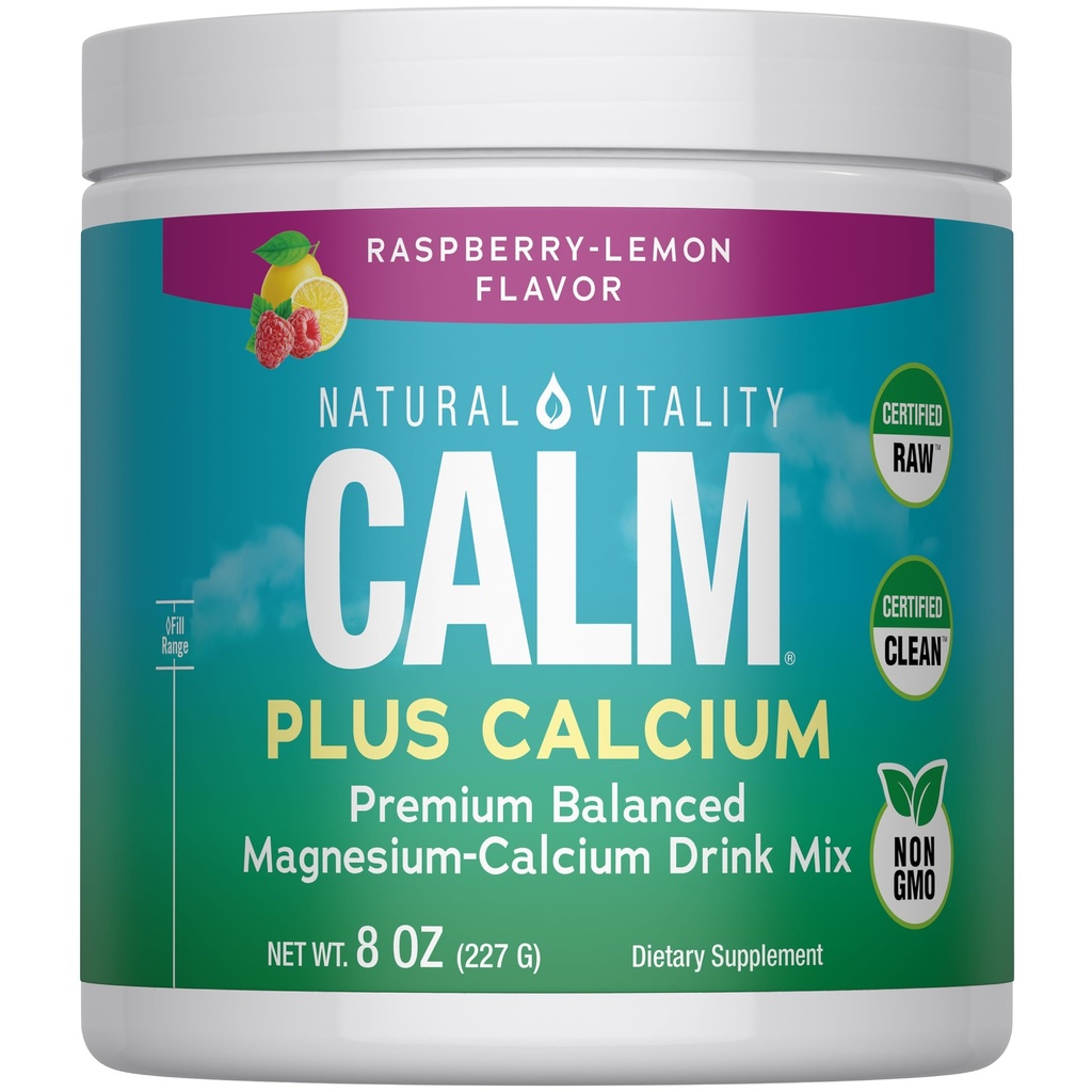 Naturalna witalność CALM Magnezu suplement Drink Mix Plus Wapń, Napoje przeciwstresowe Mix Proszek, Wapń, Wegetarianin & Nie-GMO, Lemon malinowy, 8 oz