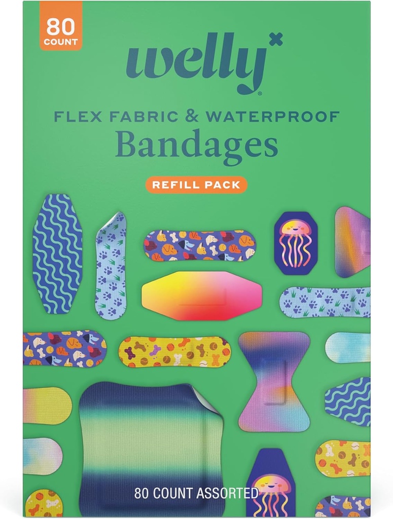Welly Bandage Family Pack: 124; kleisty elastyczny materiał i wodoodporne bandaże: 124; Różne kształty i wzory dla mniejszych cięć, zgrzytów i ran - 80