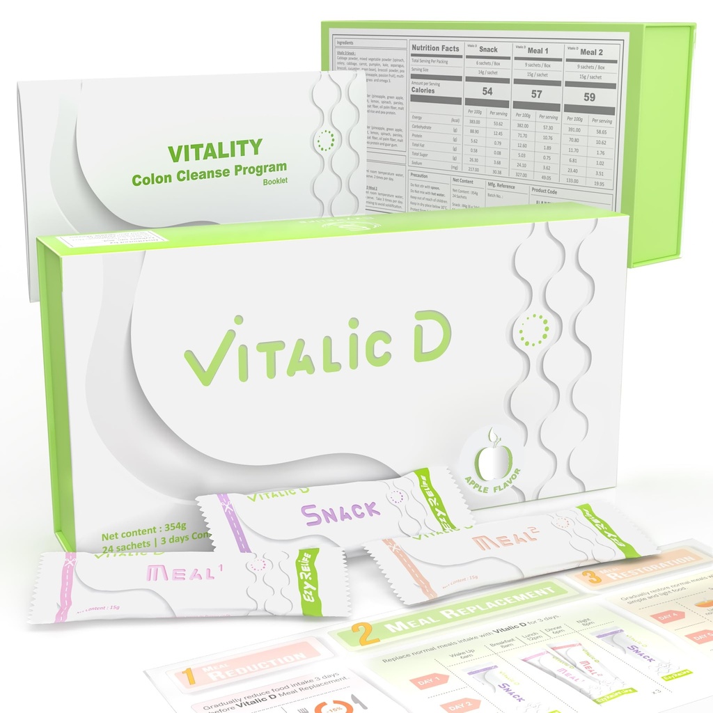 Vitalic D, 3- Day Cleanse Program & Gut Health Support 124; Plant- Detox w proszku do resetu, lekkiego uczucia & Codzienne Wellness 124; Aromat jabłkowy
