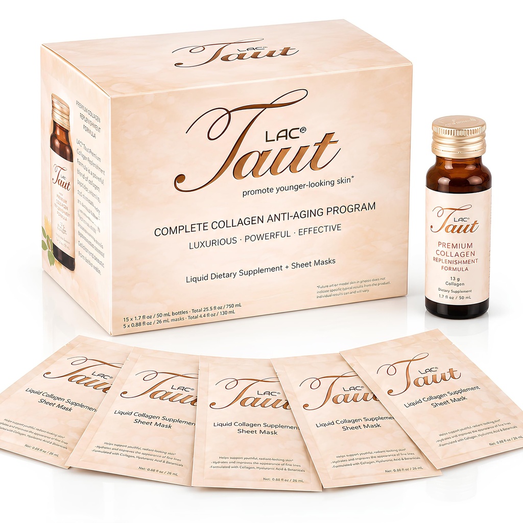 TAUT Marine Collagen Drink & Face Mask - 13,000mg Zhydrolizowane Białko Kolagenowe z kwasem hialuronowym dla młodzieży, Promieniowa Skóra - Zawiera 15 butelek i 5 Masek (30- Day Supply)