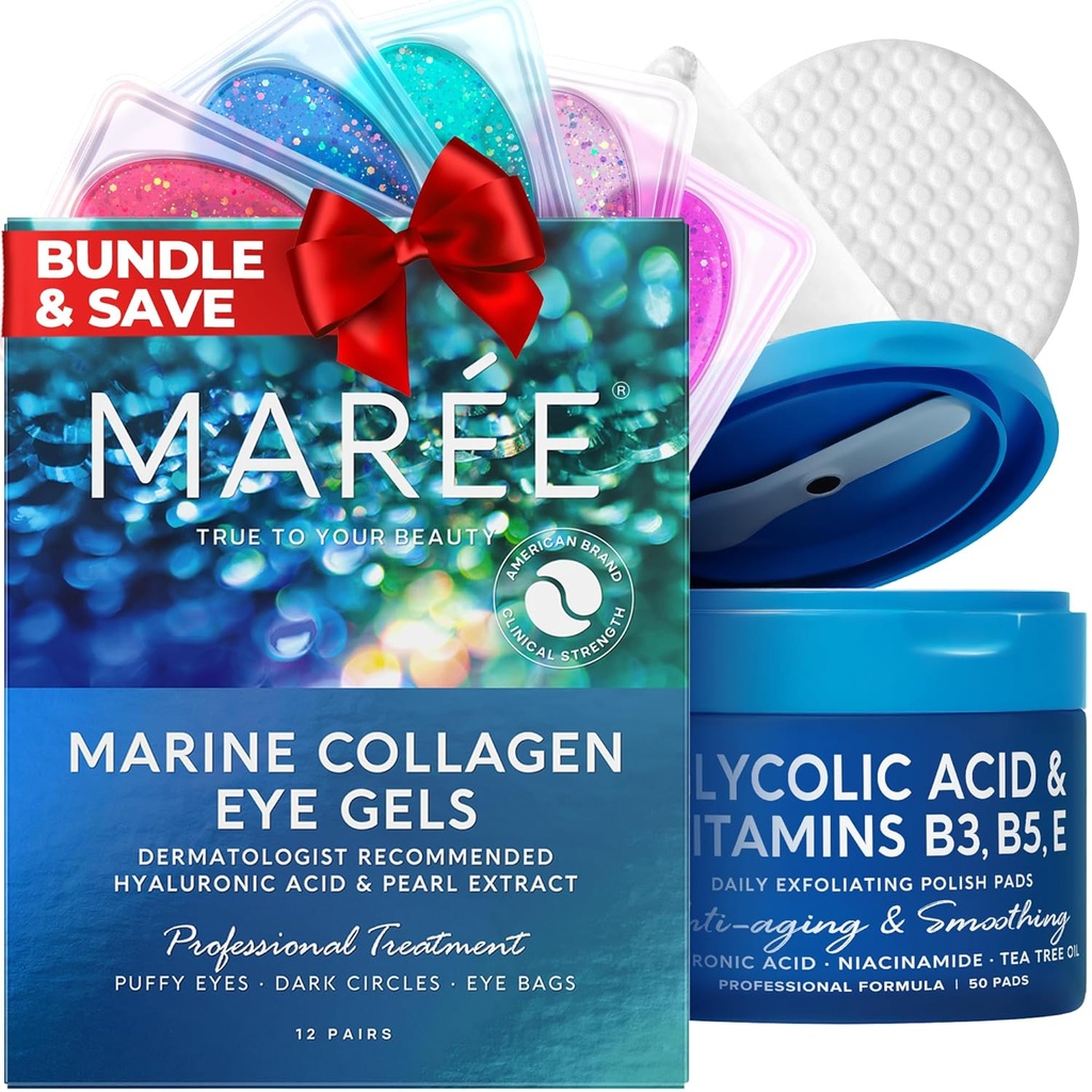 MAREE Skincare Bundle - żele do oczu, żele do oczu - pod oczami żele do puszystych oczu i ciemnych kręgów - Glicelic Acid Peel Pads - Kolagen morski i kwas hialuronowy - Kwas salicylowy i witaminy E, B3, B5