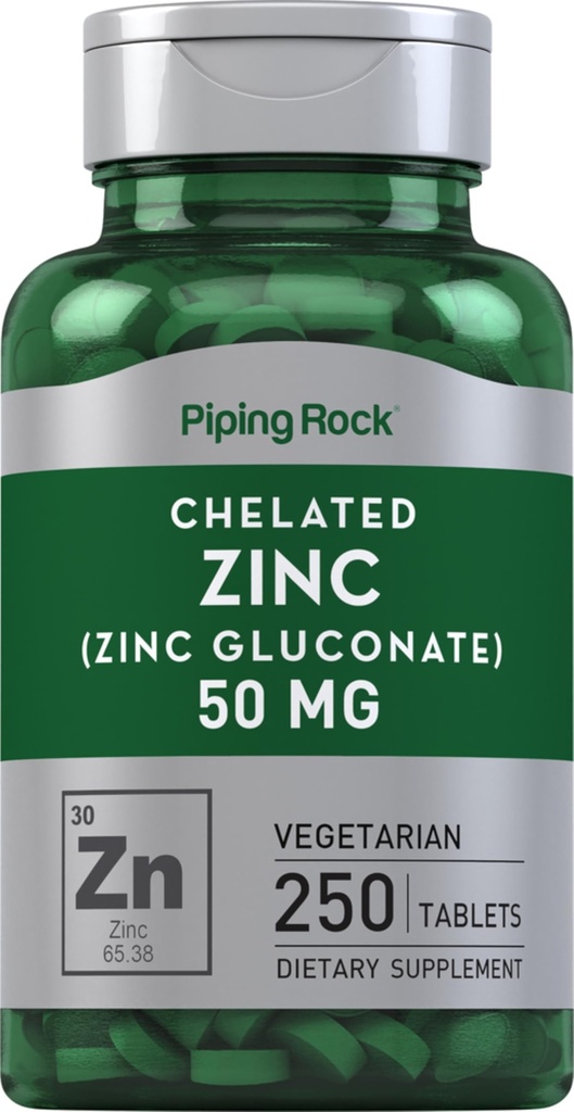 Piping Rock Chelated Cynk 50mg 124; 250 Tabletki 124; Glukonian 124; Wegetarianin, Non-GMO, Gluten