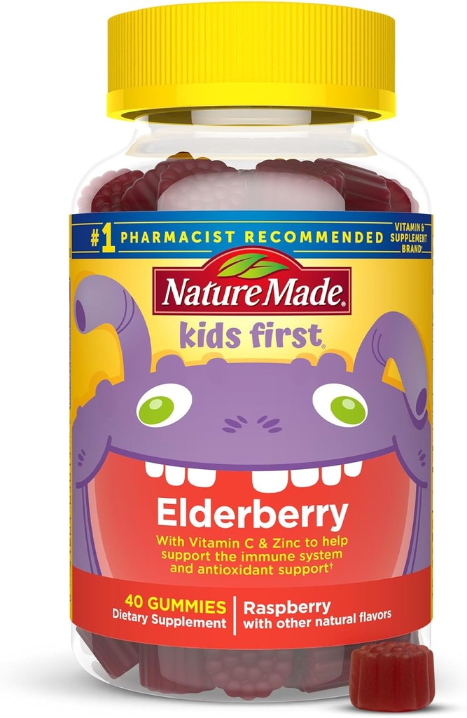 Nature Made Kids First Elderberry z witaminą C i cynkiem, Suplement diety do wsparcia immunologicznego, 40 Gumiaki Elderberry