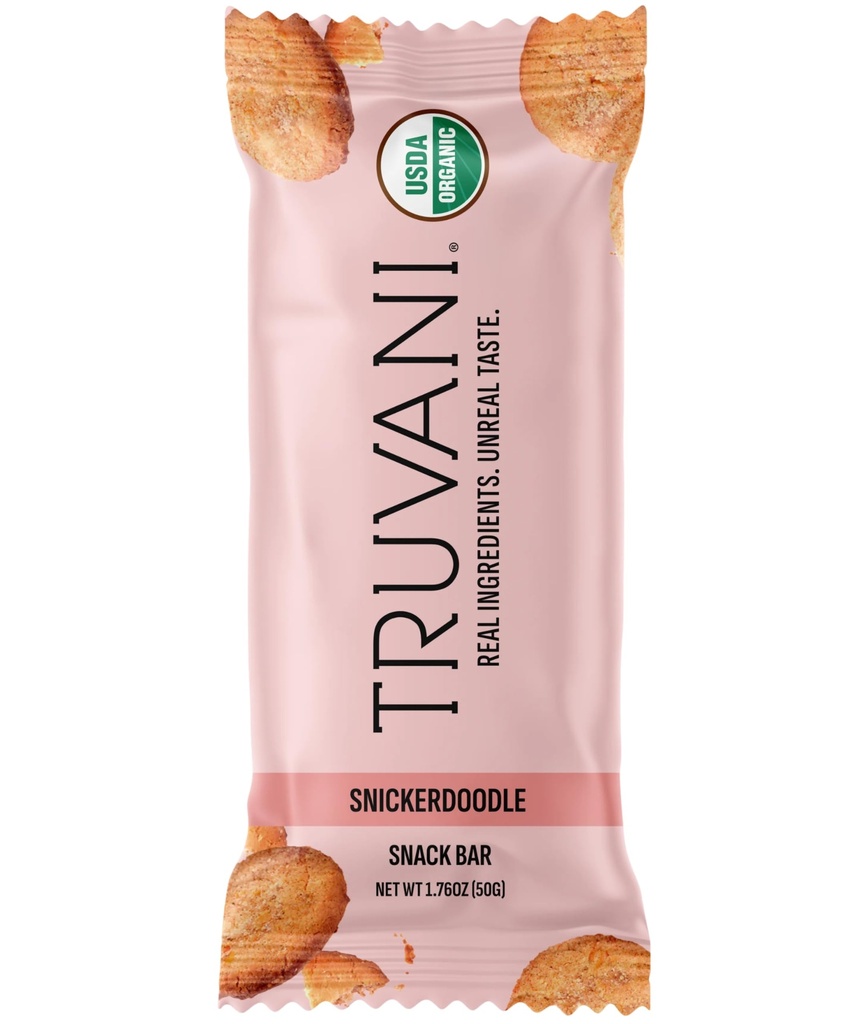 Truvani Plant Based Snack Bars, 124; Snickerdoodle 1 Pack, 124; 5g Protein, 124; USDA Organic and Vegan, 124; The Only Bar, 124; Dairy, Soy i Gluten Free, 124; Indywidualnie owinięte