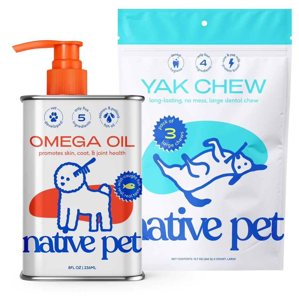 Native Pet Omega Oil for Dogs - Dog Fish Oil Supplements & Yak Chews for Dogs & 124; Pasture- Raised and Organic Yak Cheese Himalayan Churpi Chews