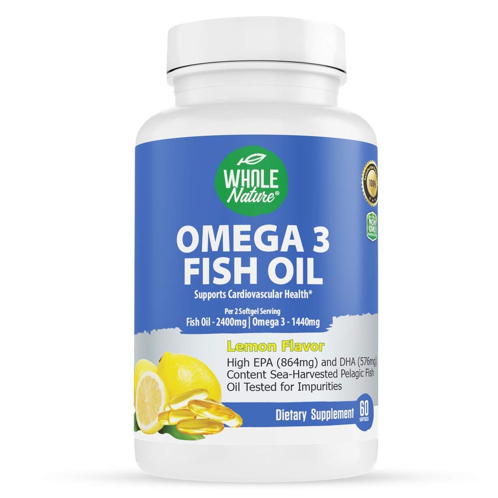 Omega 3 Suplementy oleju rybnego, Maksymalna moc 2400 mg Omega-3, 1440mg Olej rybny, EPA DHA Kwasy tłuszczowe, Zdrowie serca, Wizja, Oko, Mózg, Wsparcie immunologiczne dla kobiet i mężczyzn. Naturalny Lemon Flavor, 60 ct (1)