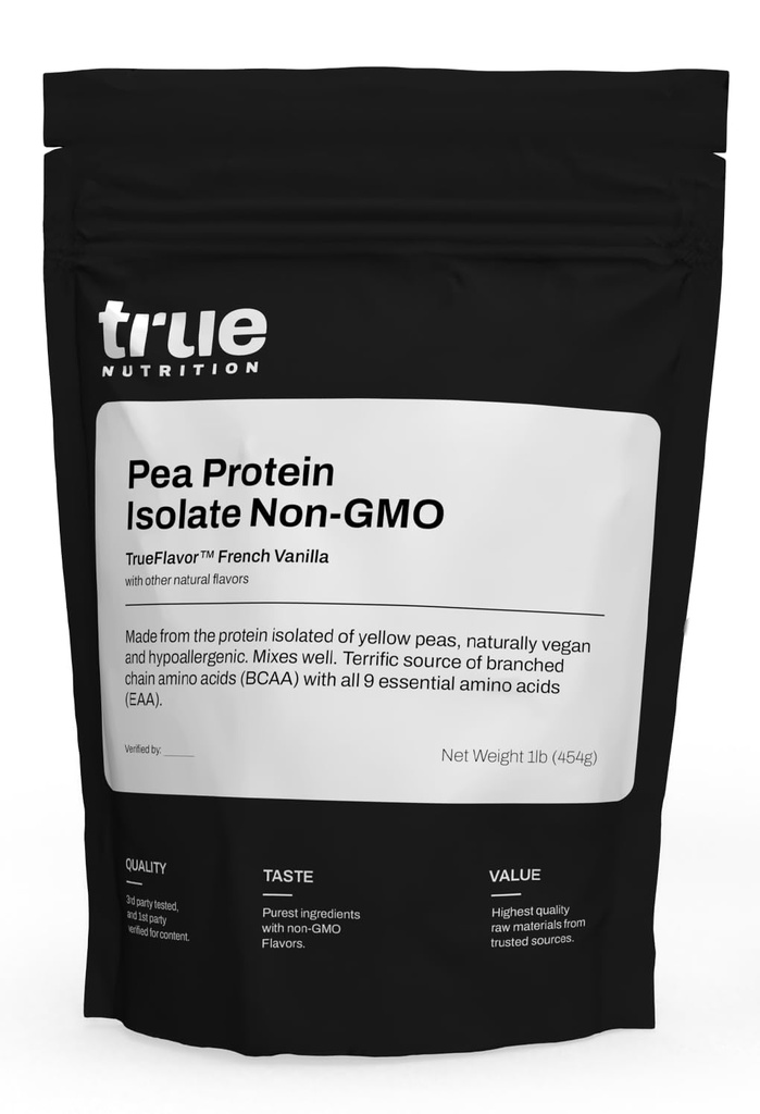 True Nutrition Pea Protein Powder Isolate - 25g Non-GMO Vegan Protein Powder per Serving - Niskie węglowodany, Niski Tłuszcz, Wysoka Leucyna - Gluten Free, Dairy Free, Soy Free - French Vanilla - 1LB