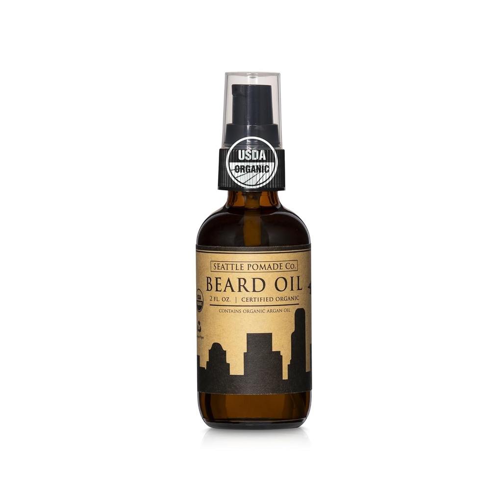 Seattle Pomade Co. Certified Organic Beard Oil for Men, Promotes Growth for Soft and Itch Free Facial Hair, Argan and Castor Oil. Globalnie pozyskiwane certyfikowane materiały organiczne.