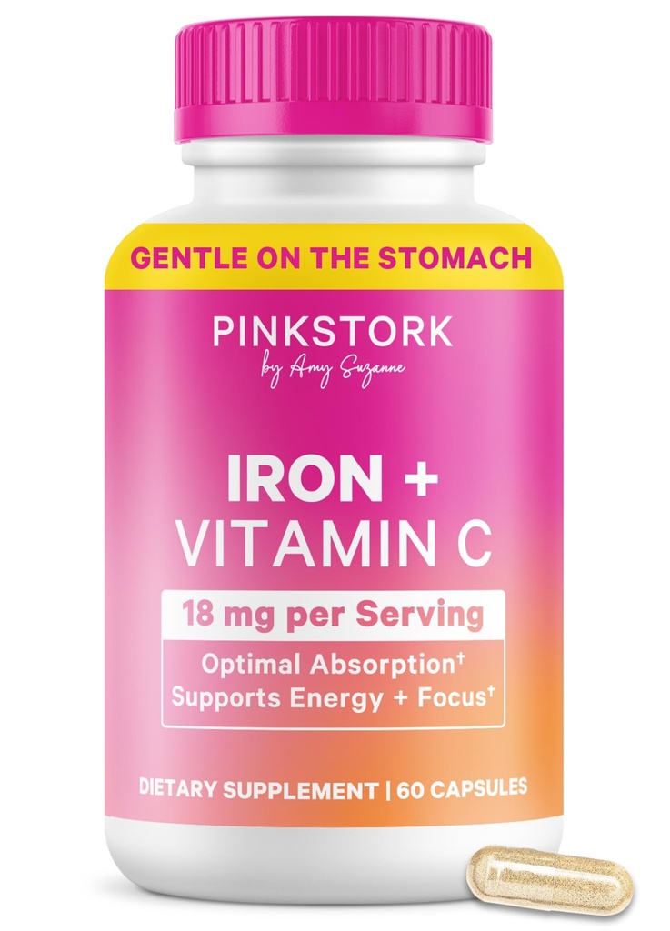 Pink Stork Prenatal Żelazo Suplement dla Kobiet - 18 mg Non- Constipting Żelazko & Witamina C dla Ciąża, Popartum, & Karmienie piersią - Focus, Zmęczenie, & Produkcja komórek krwi - 2 Dostawa miesiąc