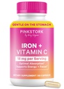Pink Stork Prenatal Żelazo Suplement dla Kobiet - 18 mg Non- Constipting Żelazko & Witamina C dla Ciąża, Popartum, & Karmienie piersią - Focus, Zmęczenie, & Produkcja komórek krwi - 2 Dostawa miesiąc