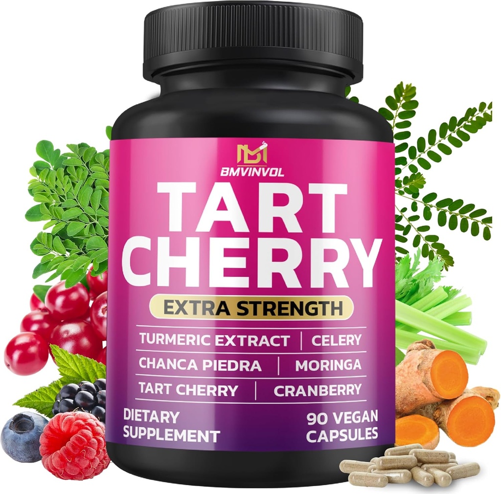 BMVINVOL Tart Cherry 20: 1 Extract - Plus Moringa, Chanca Piedra, Seler, Cranberry Extract i więcej - 90 Kapsułki - 3 Miesiąc Dostawy