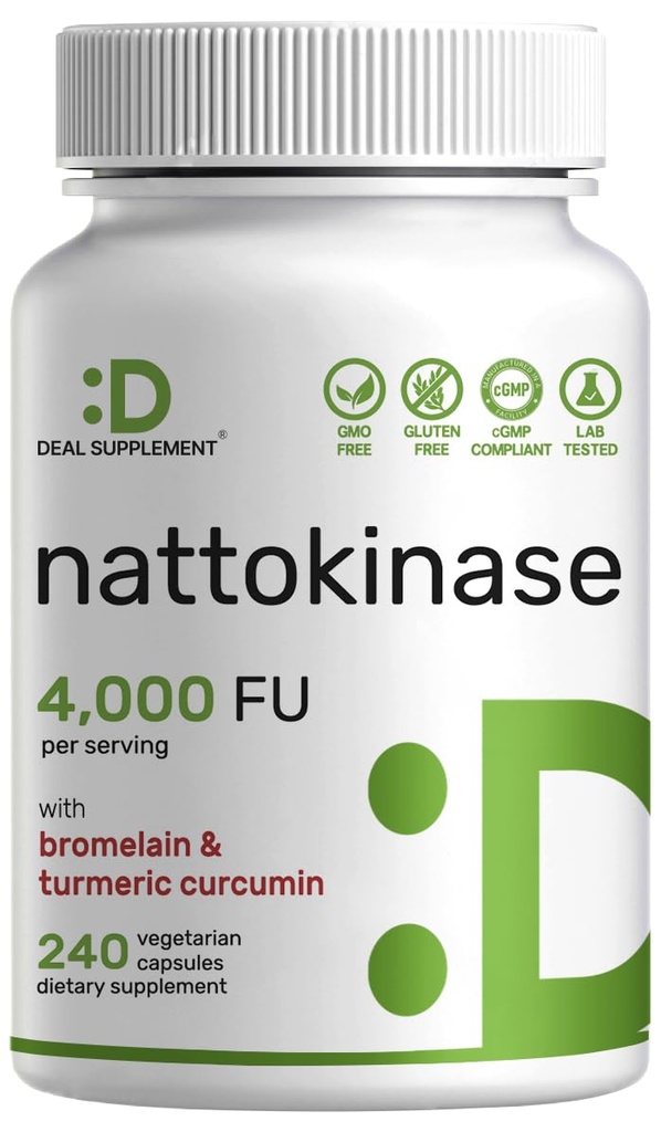 Suplement nattokinazy 4000 FU Per Serving, 240 Kapsułek wegetariańskich - japoński Natto z bromelainem, kurkumina kurkumina i czarny pieprz Kompleks - Enzymy i Heart Health - Non-GMO, Wegan