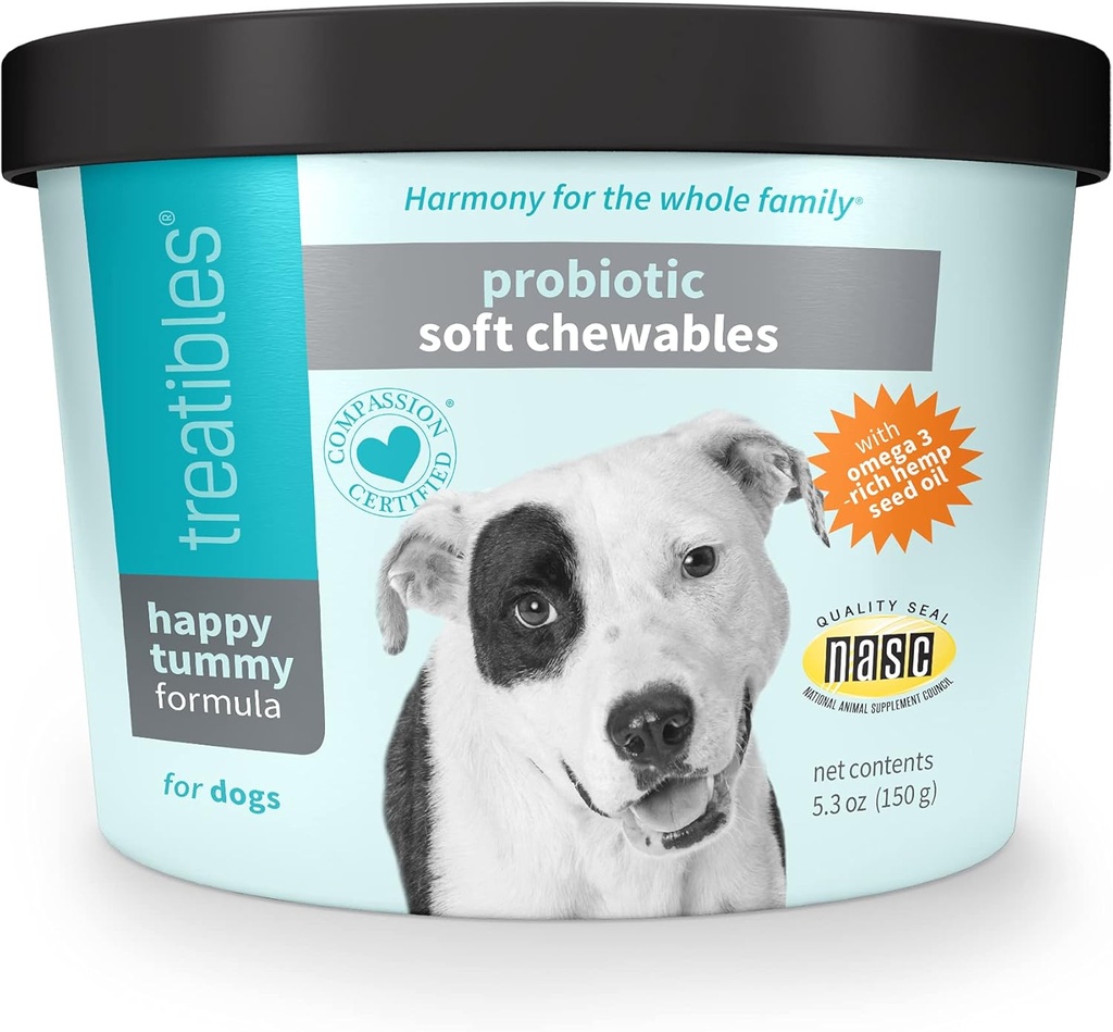 Treatibles Happy Tummy Probiotyk dla psów miękkie Chewables, 5.3 oz - Wsparcie pokarmowe, System immunologiczny, Gut Health