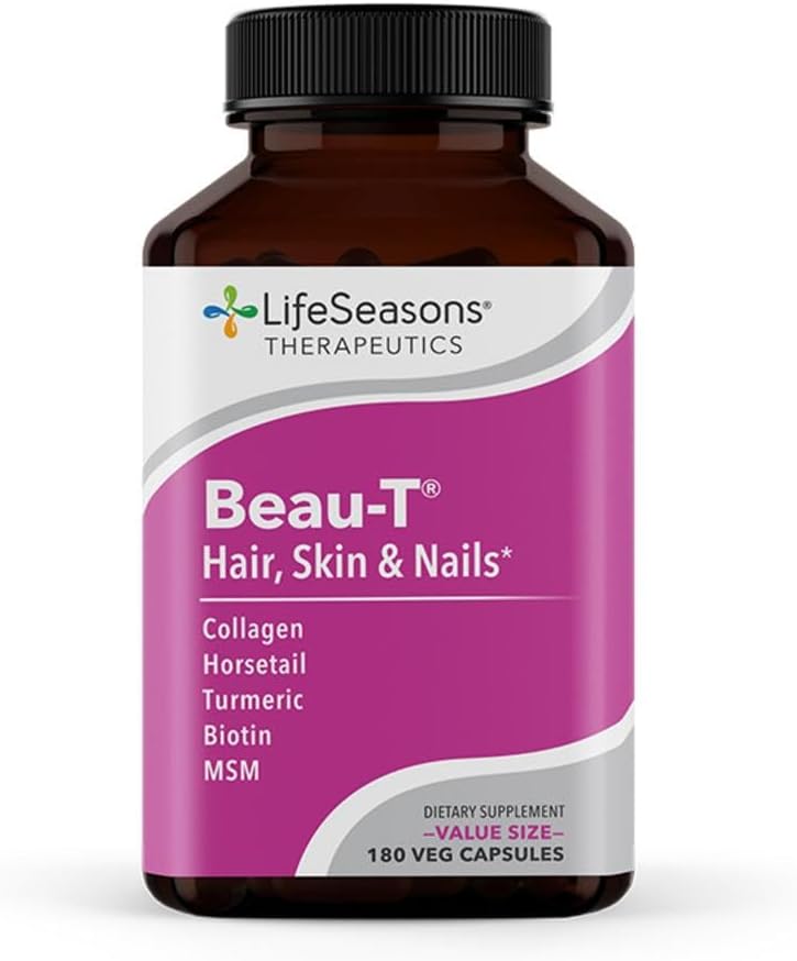 LifeSeasons Beau- T - Hair, Nail, & Skin Supplement - Promotes Healthy Hair and Nail Growth - Wspiera wyraźną skórę & Fights Trądzik - Nail Wzmocnienie - Zawiera Biotin Collagen Turmeric - 180 Kapsułki