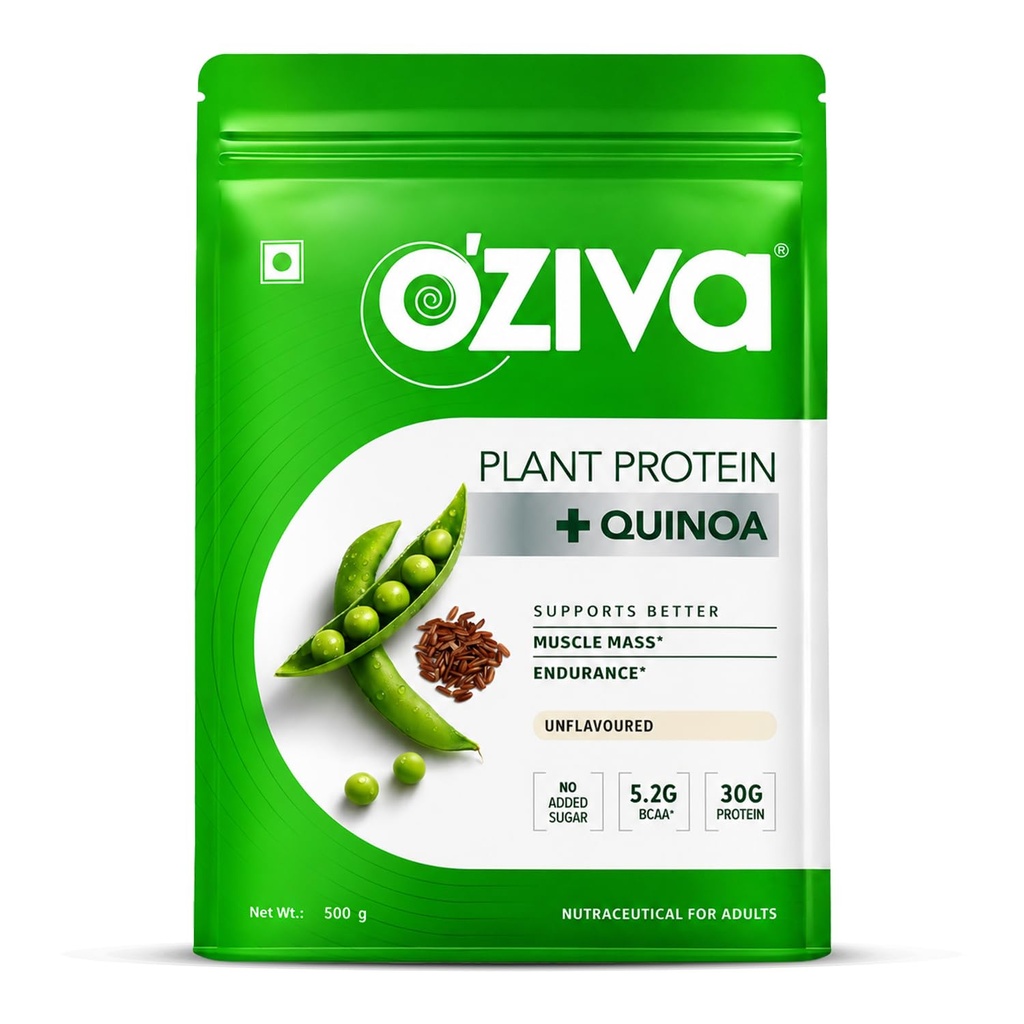 OZiva Organic Plant Protein Powder Building 124; 500 Gm Description 124; (30g Vegan Protein - Pea Protein a, Brown Rice Protein & Chinoa, Soy Free) for Everyday Fitness, Wzmacnia odporność, Unflavored (1.1 lb)
