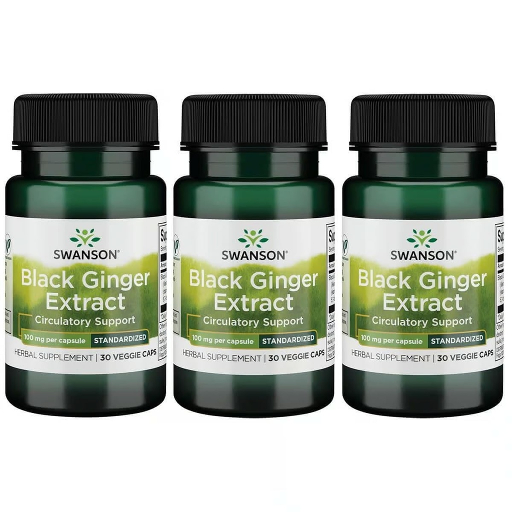 Ekstrakt Swanson Black Ginger - Promotes Healthy Blood Circulation and Physical Vigor - May Aid Heart Health, Muscle Tissue, and Mental Wellbeing - (30 Veggie kapsułki, 100 mg każdy) (3 opakowania)