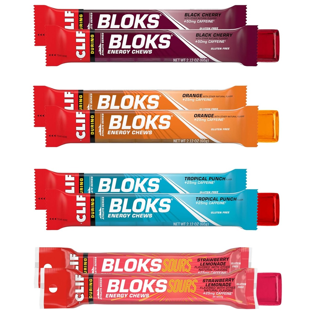 Clif Bloks - Przeżuwacze energii z kofeiną - Pakiet odmian - Non-GMO - Plant Based - Fast Fuel for Cycling and Running - Szybkie węglowodany i elektrolity - 2.12 oz. Pakiety (8 Count)