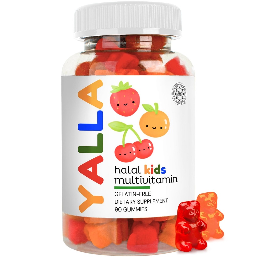 YALLA Halal Witaminy dla dzieci, Halal Kids Multivitamin Gummies, 45- 90 Day Supply, Witaminy zasadnicze z C, D3, Cynk dla odporności, B6 B12 dla energii, ISA Certified, Żelatyna wolna