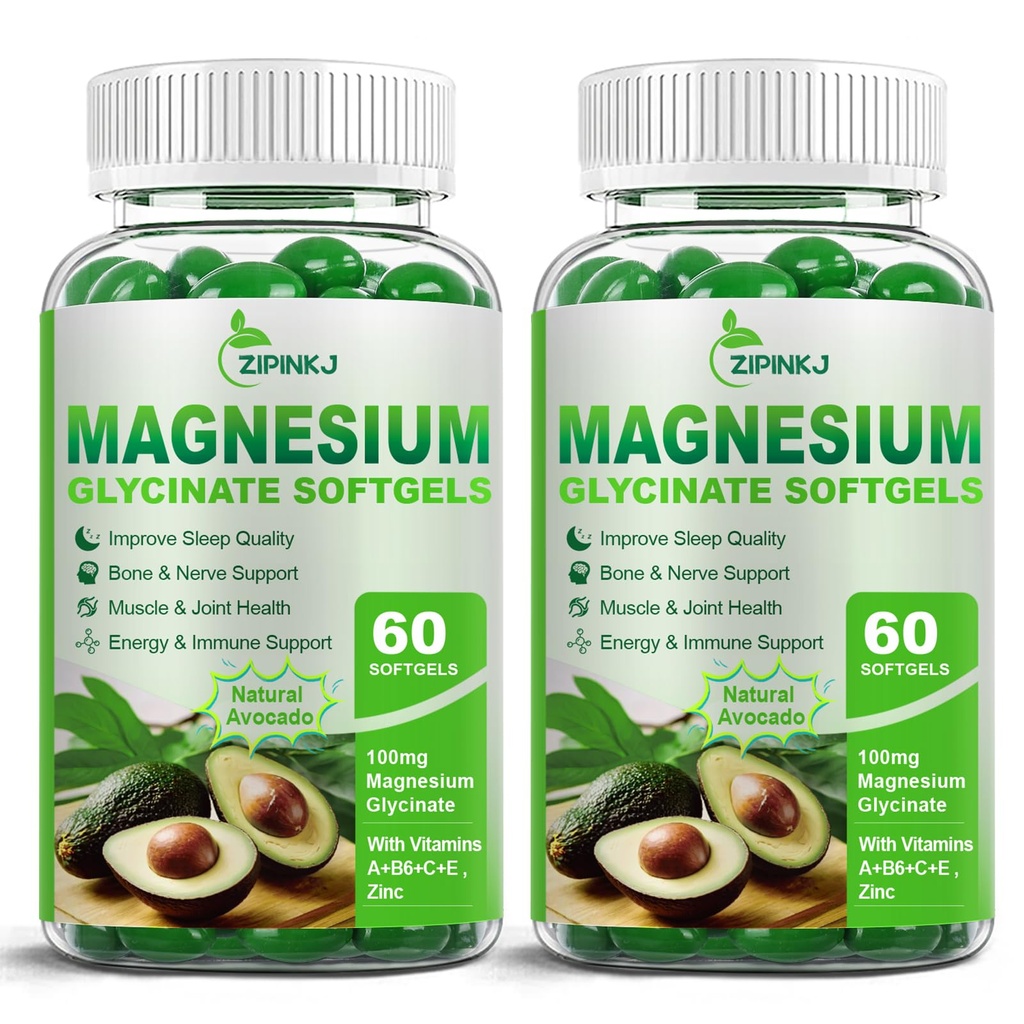 Wysoka absorpcja Magnezu Glycinate Softgels, Magnezu Suplementy 400mg z cynku, Witamina E, B6 dla kobiet Mężczyźni, Poprawa snu, Relaks mięśni i kości Zdrowie, Bez glutenu, Non-GMO, 2 opakowania
