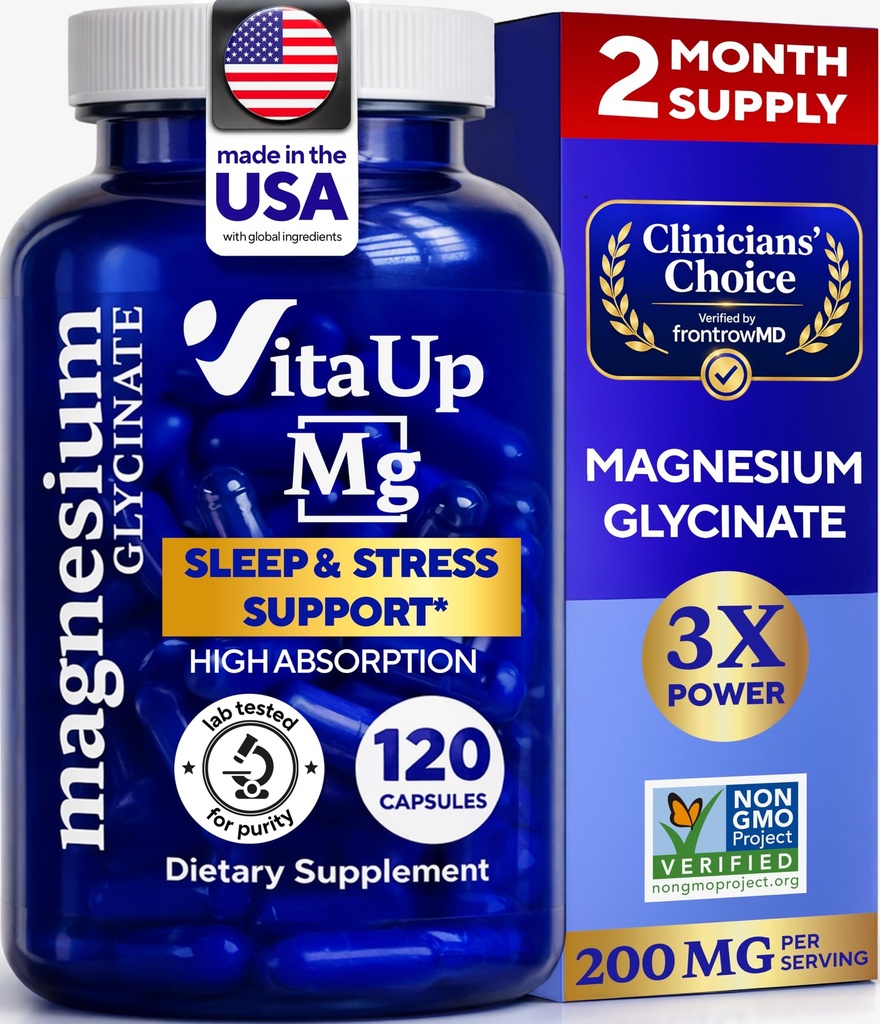Magnezu Glycinate 200mg - USA Made Magnezu Suplement do snu, Serca, Kości, Wsparcie metabolizmu - Wysoka absorpcja Magnezu Bisglicinate Kapsułki - 120 Kapsułki żelowe