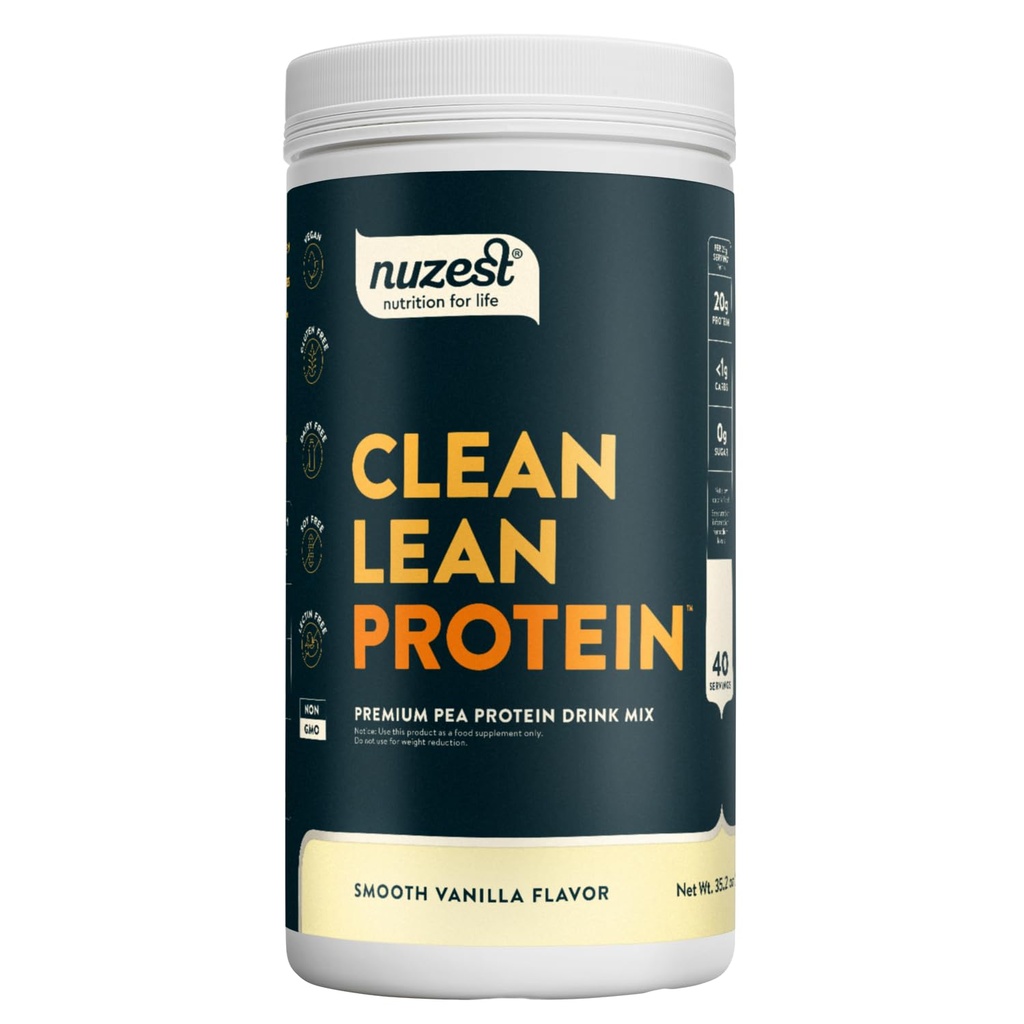 Nuzest - Proszek z protein grochowych - Białko o czystej barwie, Proszek z proteiny roślinnej na bazie Premium Wegan, Bezmleczny, Bez glutenu, Bez GMO, Wstrząs proteinowy, Gładka wanilia, 40 Służenia, 2.2 lb
