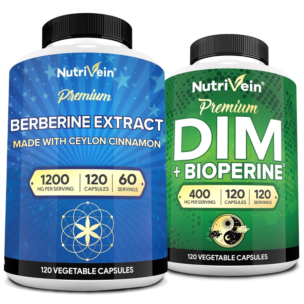 Nutrivein Premium DIM & Berberine Supplement Bundle: High-Absorption Berberine & DIM Supplement with Bioperine - for Hormonal Balance, Digestive Regularity, Metabolism, & Overall Wellness