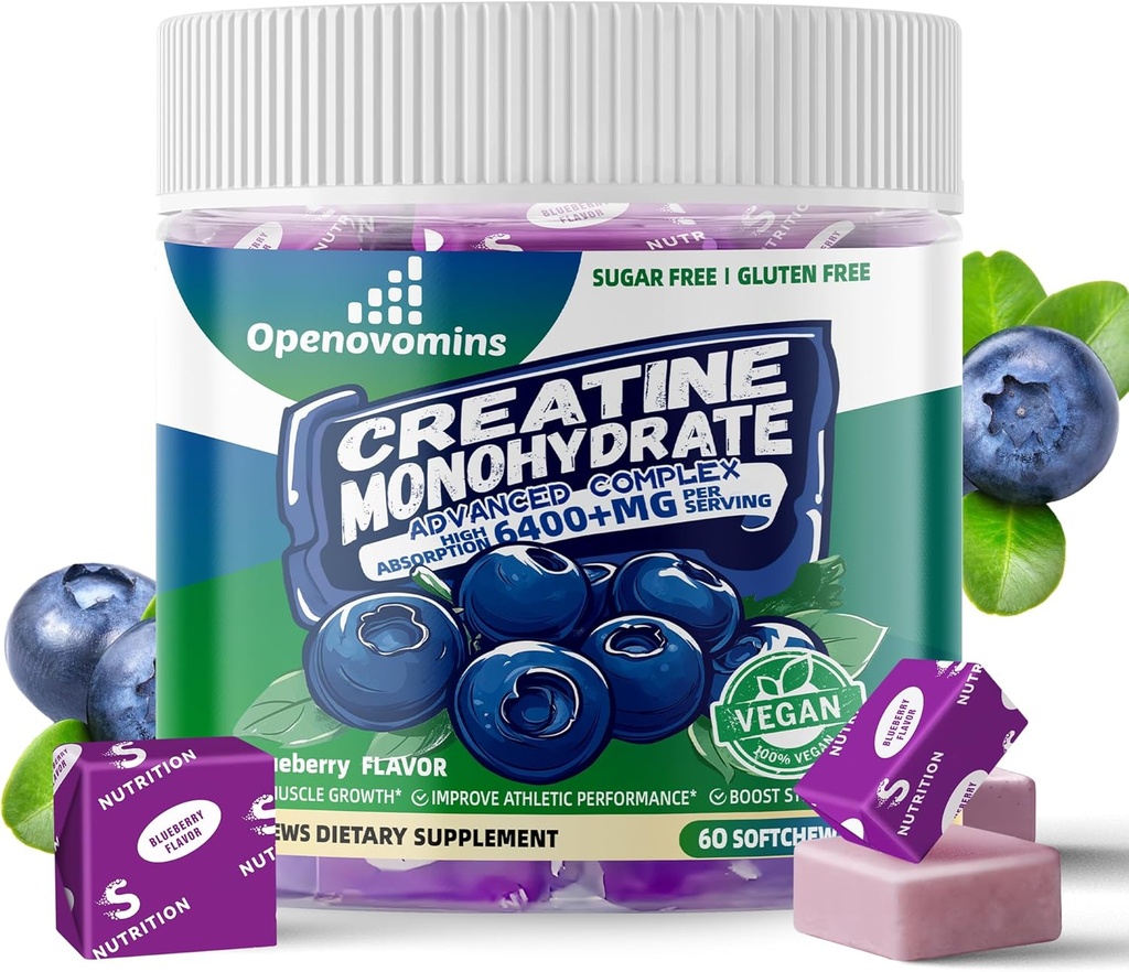 Monowodzian Kreatyny Soft Chews Complex 6400mg dla mężczyzn i kobiet - Advanced Formula W / L- Tauryna + Witamina B12, Sugar Free Chewable Supplement, 60 Blueberry Softchews