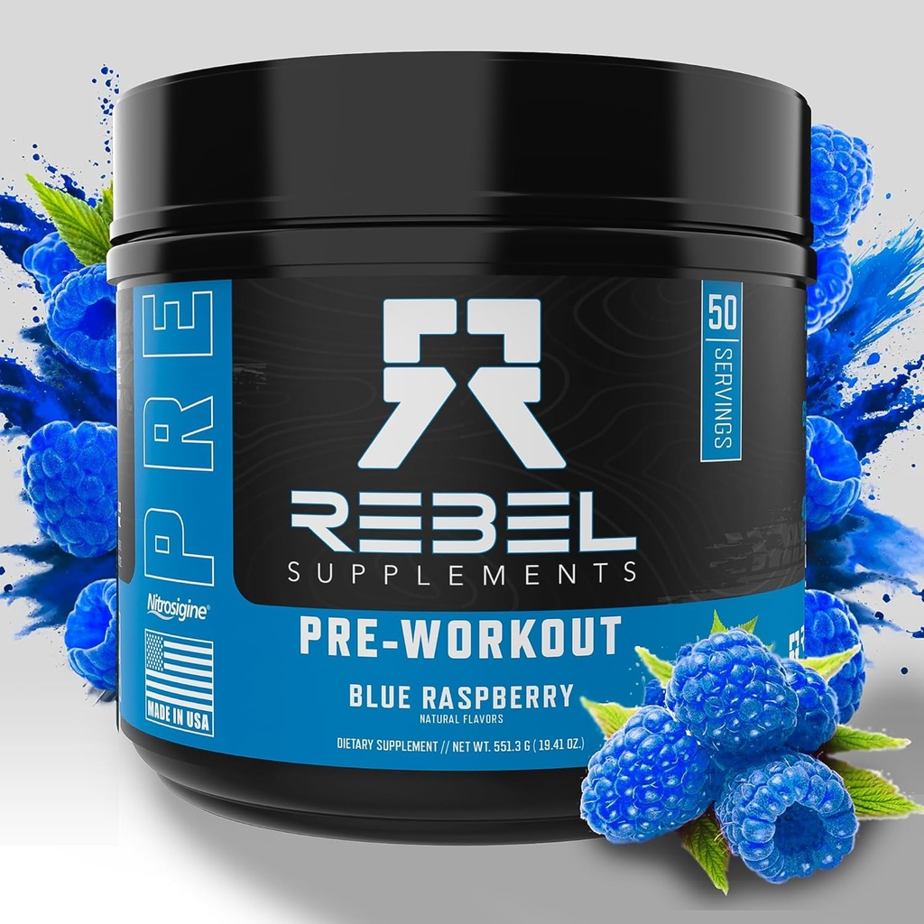 Rebel Supplements ™ Blue Razz Loaded pre Workout Amend124; Extreme Pomps, Laser Focus, Insenal Energy Amendant 124; 7000mg L- Citruline, 4000mg Beta Alanine, 1500mg Nitrosigine ®, 350mg Caepine 124; 50 Servings
