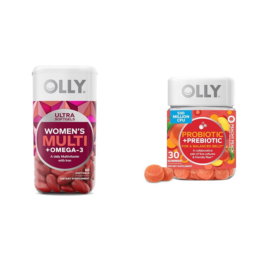 OLLY Ultra Kobiety Multi Softgels & Probiotyczne + Prebiotyczne Gummy, Poparcie i Gut Health, 500 Milion CFU, Fiber, Dorosły suplement do żucia dla mężczyzn i kobiet, Brzoskwinia, 30 Day Supply - 30 Count
