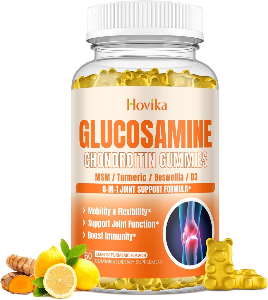 Glukozamina Chondroitin Gummie MSM 1500mg - Joint Support Supplement with Turmeric, Boswellia, Witamina D3, Kwas hialuronowy, Przeciwutleniacz, Wsparcie immunologiczne dla dorosłych, Mężczyźni i Kobiety Wegan, 60 Gummies