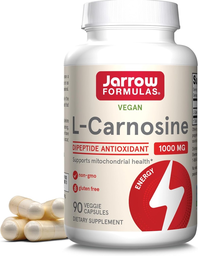 Jarrow Figuas ® L- Carnosine Dipeptyd Przeciwutleniacz 1000 mg, Suplement diety, Przeciwutleniacz Wsparcie dla Mitochondrialnego Zdrowia, 90 Kapsułki wegetariańskie, Do 45 Day Supply