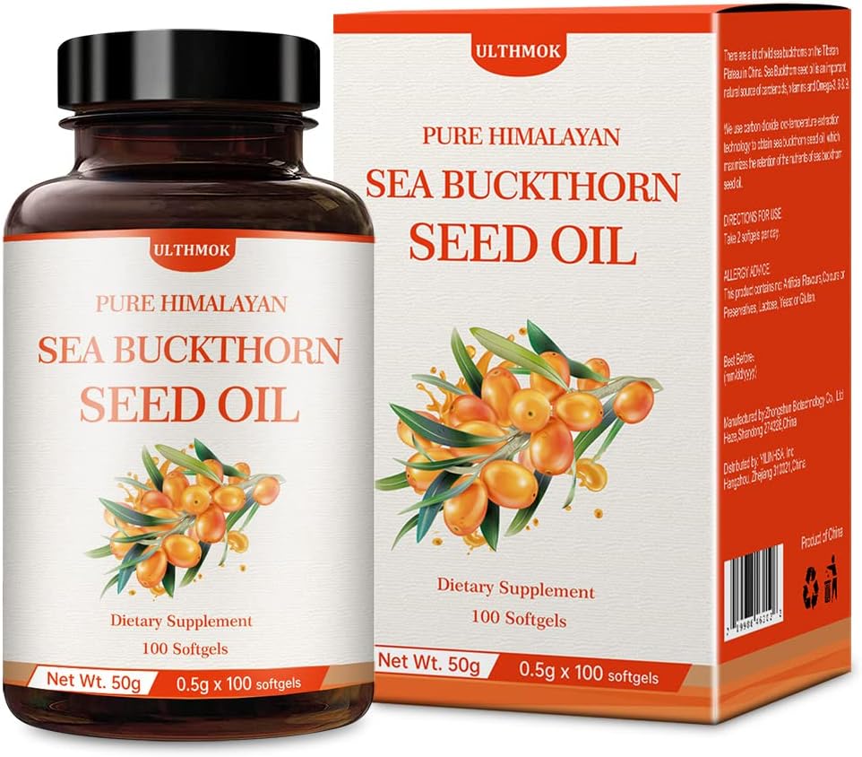 ULTHMOK Premium Sea Buckthorn Seed Oil, 100% Seed Oil, 100 Softgels & 100 × 500mg, Non-GMO, Gluten Free.