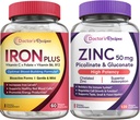 Przepisy lekarskie Żelazko i Cynk Bundle - Energia, Wspomaganie krwi, Zdrowie immunologiczne dla mężczyzn i kobiet, Wysoka absorpcja, Non-GMO