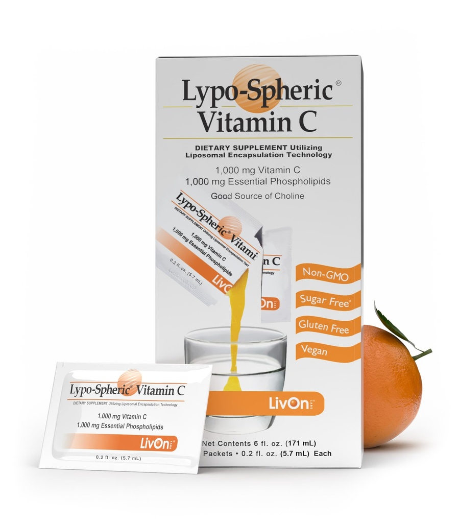 LivOn Laboratories Lypo- Spheric Liposomal Witamina C 1000mg - Brak cukru, Wsparcie immunologiczne, Roślina oparta - Łatwe do połknięcia, Absorbowalne - Non-GMO, Gluten Free (0,2 fl oz Indywidualne 30 Pakiety)