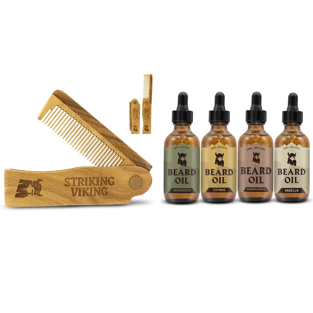 Broda Składany drewniany grzebień i 4 Pack Beard Oil dla mężczyzn - Uderzając Wikingów