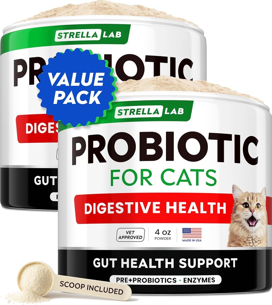 StrellaLab Cat Probiotic Powder - Probiotyki dla kotów z biegunką - Łatwe do wymieszania proszku - Probiotyki dla kotów wewnętrznych, Dostawy zdrowotne Suplement diety, Wsparcie pokarmowe (8 oz / Opakowanie po 2)