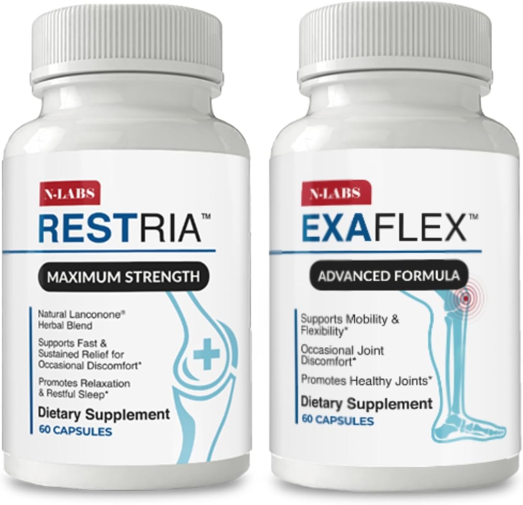 N- Labs Joint Support & Sleep Aid Combo - ExaFlex z Boswellia Extract i Bromelain dla Joint Support + Restria z Lanconone Herbal Blend i Sleep Formuła dla Relaxation Nighttime
