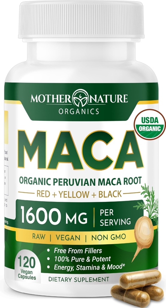 Matka Natura Organic Maca Korzeń kapsułki - 1600mg, 120 Kapsułki wegańskie - Nie GMO Peruwiański żółty, czerwony i czarny Maca dla mężczyzn i kobiet - Energia, Hormon, Mózg i waga Well- Bycie