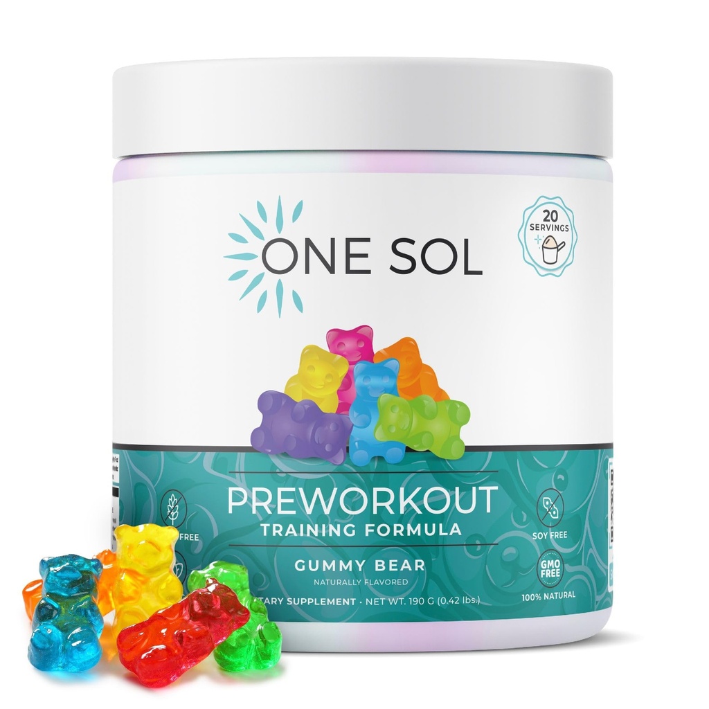 One Sol Pre- Trening dla kobiet, Wzmocnione Pompa & Focus, Bez Jitters lub Crash, Natural Ingredients, 100% Vegan, Gluten Free & Soy Free, (Gummy Bear)