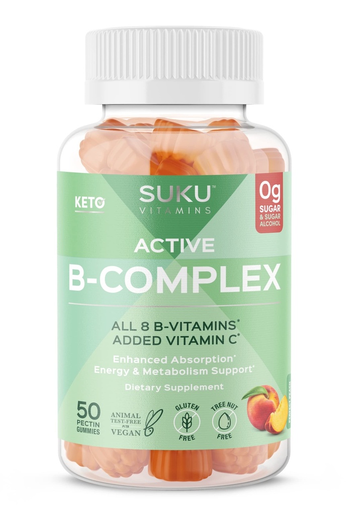 SUKU Witamina B Kompleks Gummie z witaminą C - Sugar Free Vegan 8 B Witaminy Kompleks Gummy Suplement Zwiększa rozwój komórek, Poprawia Metabolizm i Kolagen Formation, Paach Flavour (50 Gummies)