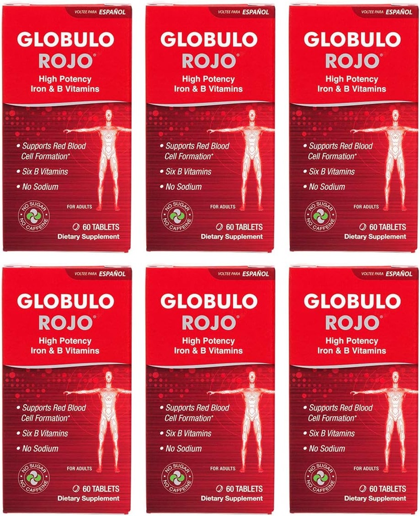 Globulo Rojo Żelaza Suplement - Suplement diety Pigułki z wysokiej mocy Żelaza i Witaminy B, 60 Tabletki - 6 opakowań