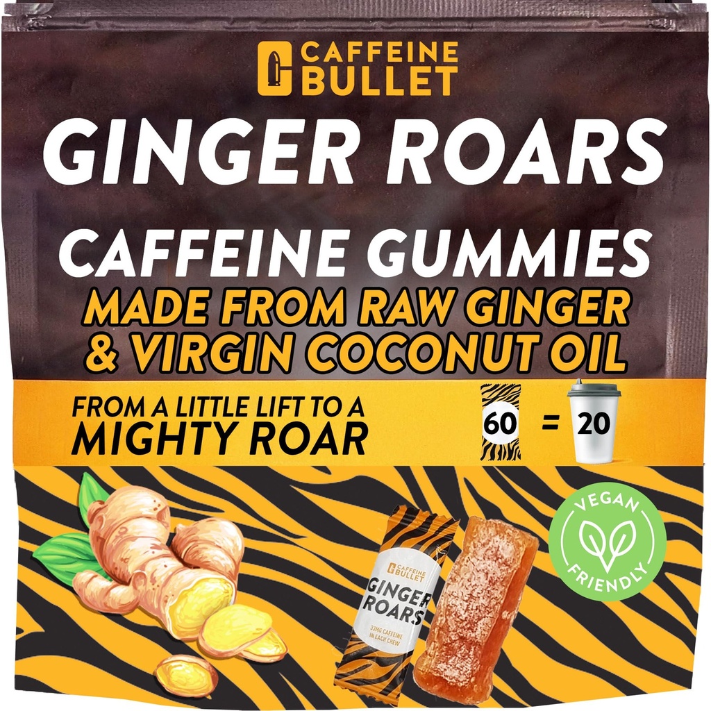 Ginger Roars - 60 Gummies energii - Wegańskie kofeiny żuć każdy 33mg, Made with a Tasty, Natural Fiery Kick for Ulepszony Bieganie, Jazda na rowerze, Wstępny trening i Focus.
