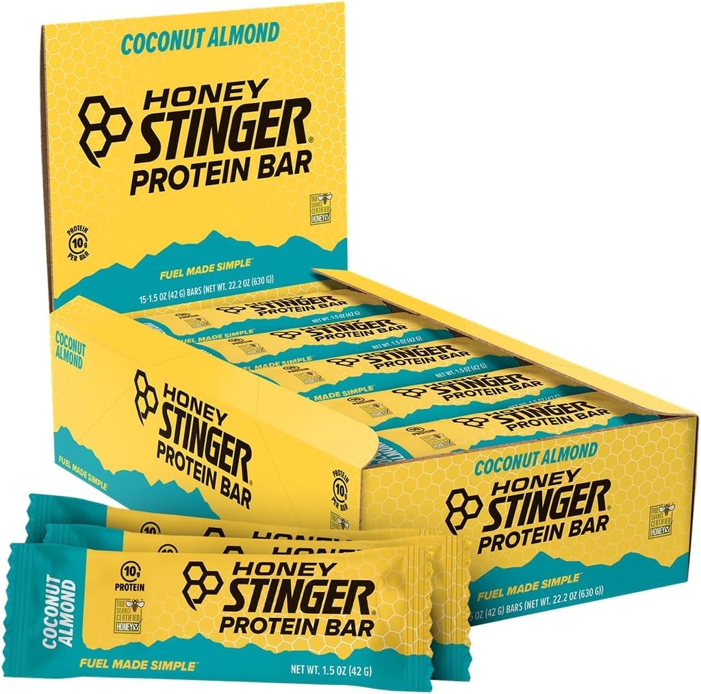 Honey Stinger Protein Bar, Almond kokosowy, Białko pakowane żywności do ćwiczeń, Endurance and Performance, Sports Nutrition Snack for Home & Gym, Post Workout, Box 15
