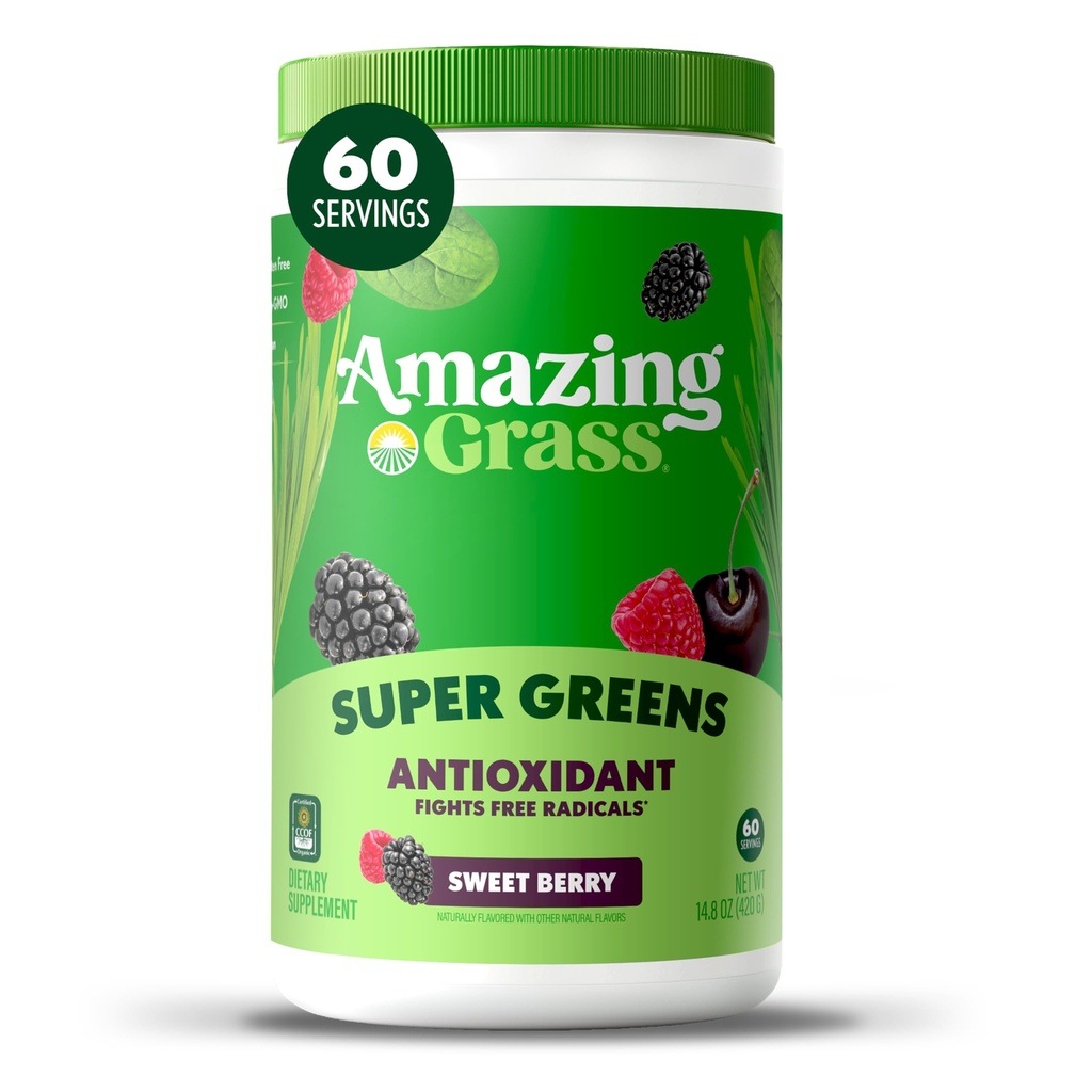 Niesamowita zieleń trawa Superfood Antioksydant: Zielony proszek z organiczną Spirulina, Burak korzeniowy proszek, Elderberry & Probiotyki, Słodkie Berry, 60 Słupki (Packaging May Vary)