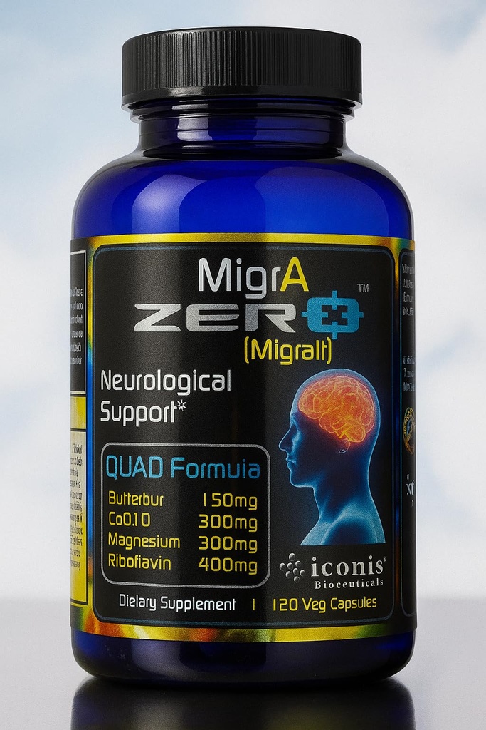 Relief migreny, Quad- Formuła z Butterbur wolny PA- (150mg), CoQ10 (300mg), Glycinat magnezu (300mg), Ryboflawina w dużych dawkach (400mg) - MigrA Zero (120 Caps) Optymalne dawkowanie dla chorych na migrenę