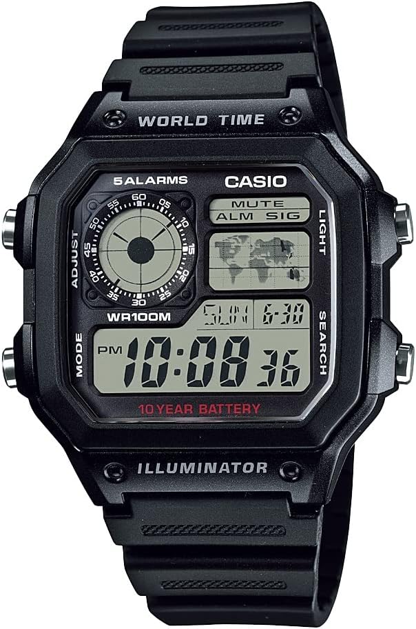 Casio AE1200WH Series i 124; Men 's Digital Watch i 124; 100M WR i 124; Multi Alarms i 124; 100 SEC Stopwatch, 124; Countdown Timer, 124; Mapa świata na świecie 124; LED Light 124; LC Analog Display 124; 10 Lat Battery