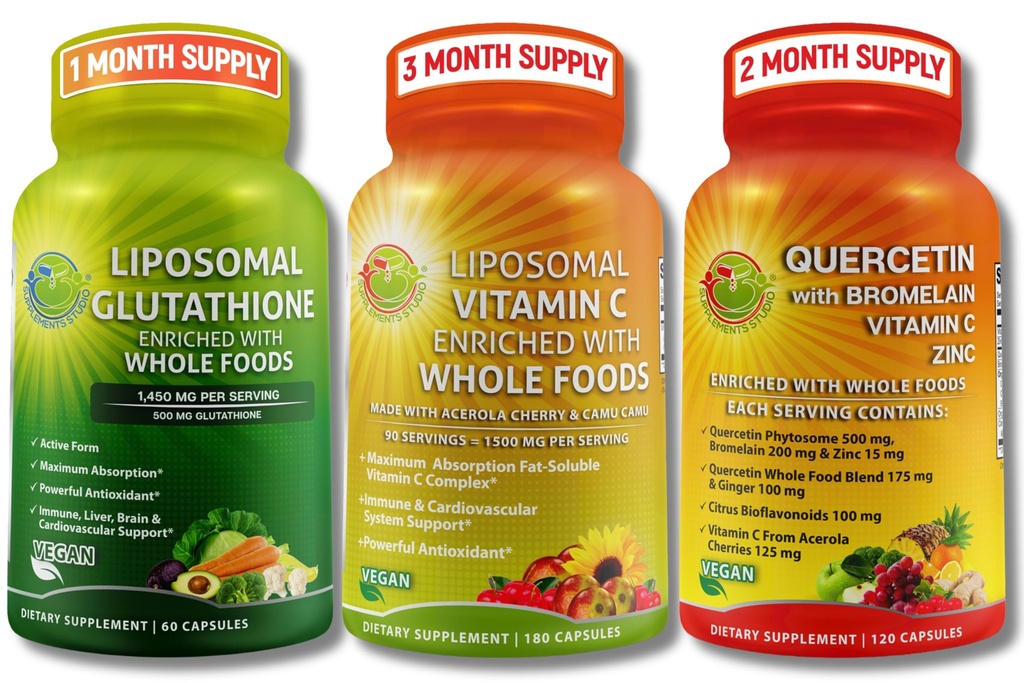 UZASADNIENIE BADANIE Wysoka Absorpcja Antyoksydant & Immune Support Bundle - Witamina Liposomalna C 1500mg + Glutation 500mg + Quercetin z Bromelainem, Cynk & Whole Food Blend - Vegan, Kapsułki niezawierające GMO
